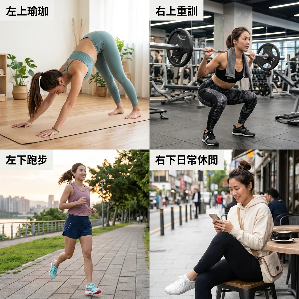 四格對照圖，分別呈現女性在瑜珈、重訓、跑步、日常休閒四種場景的運動服穿搭