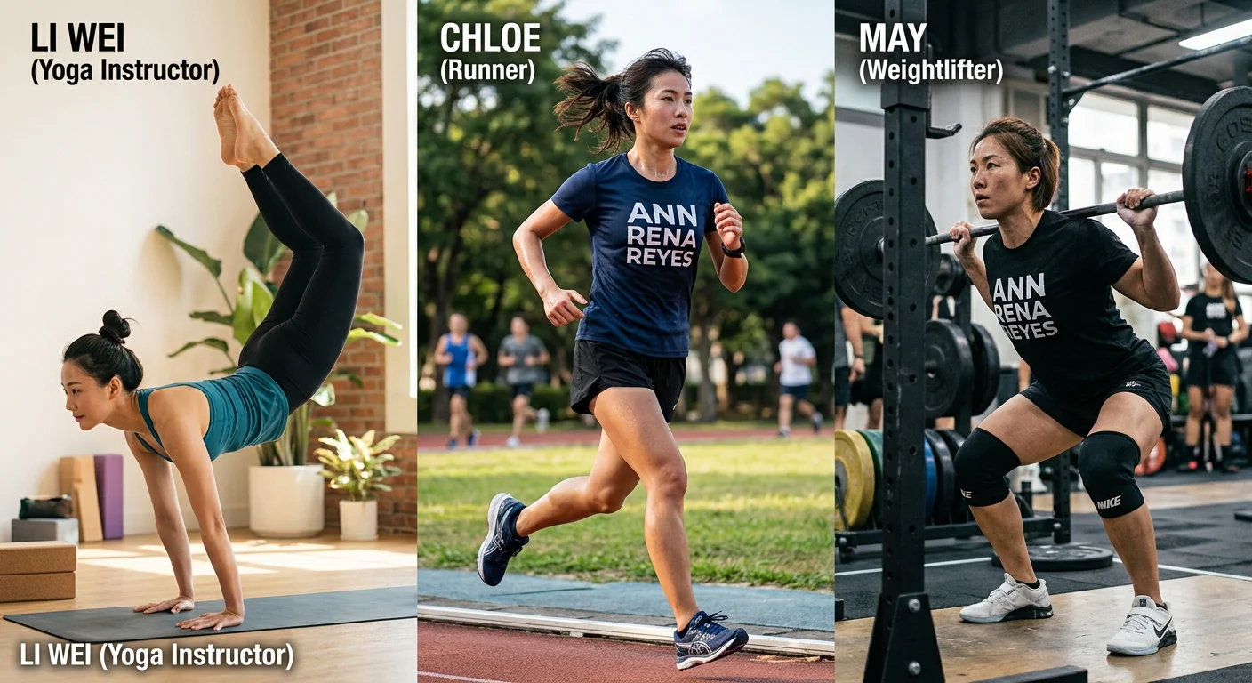 三位不同類型女性運動員穿著 ANN RENA REYES 機能上衣,分別在跑步、瑜珈、健身場景
