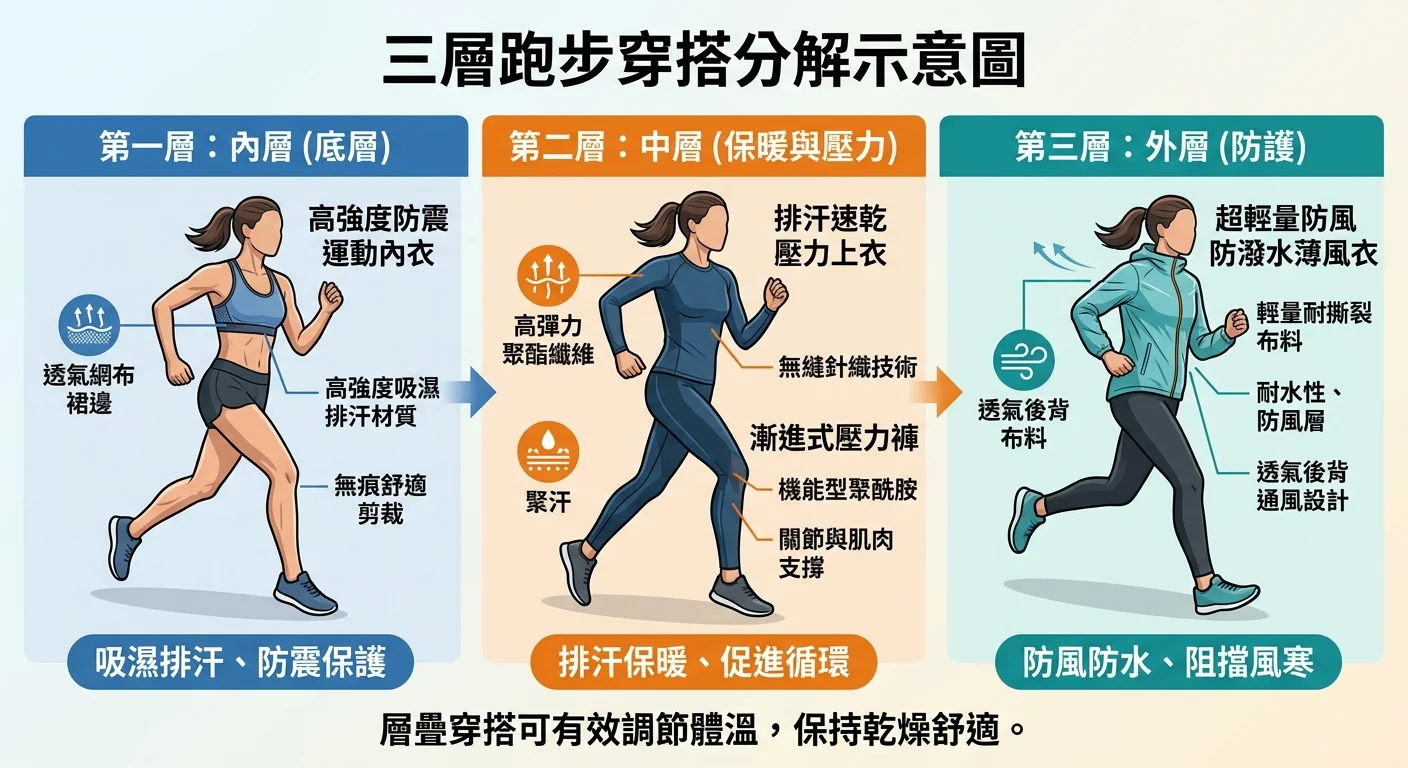 三層跑步穿搭分解示意圖,從內到外展示防震內衣、排汗壓力褲上衣、薄風衣,搭配清晰的材質標註