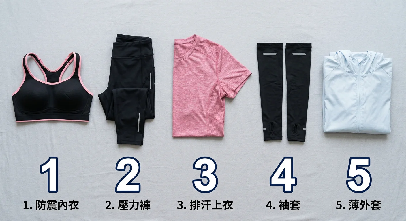 初跑者跑步穿搭採購清單示意圖,五件單品整齊排列:防震內衣、壓力褲、排汗上衣、袖套、薄外套,下方有清晰的數字標示