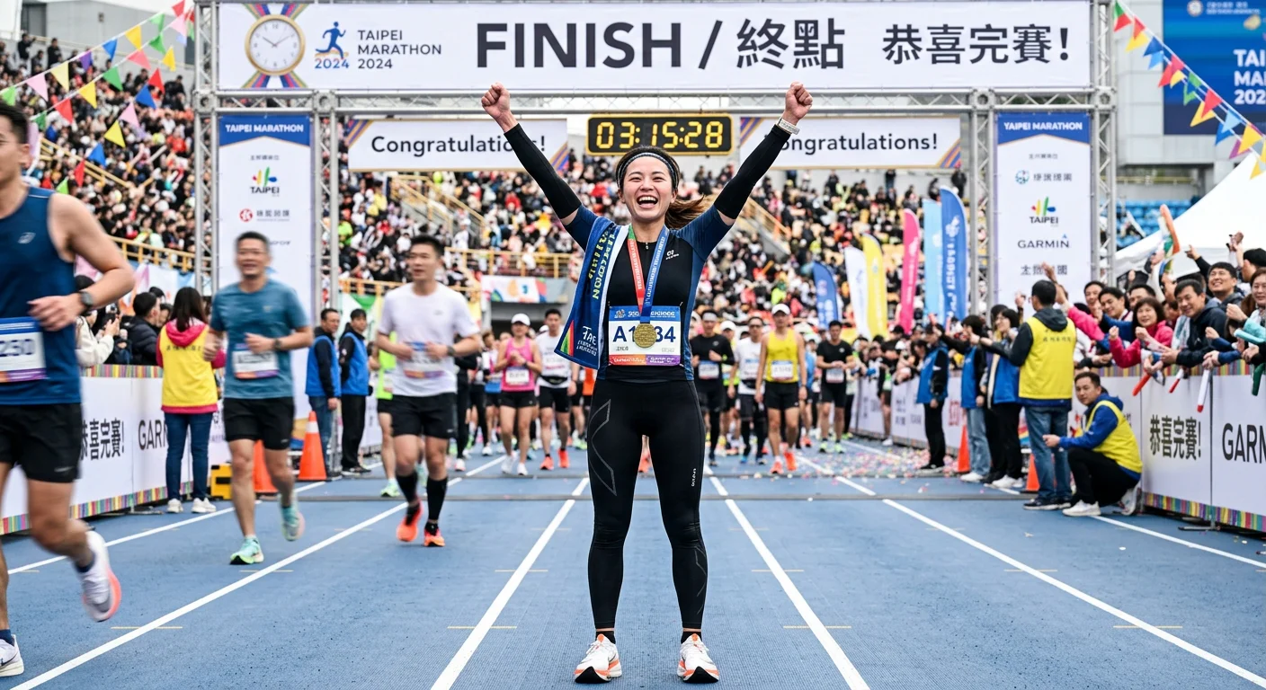 一位女性跑者在完賽後開心站在終點線,身穿完整壓力褲跑步裝備,背景是路跑賽道,充滿成就感