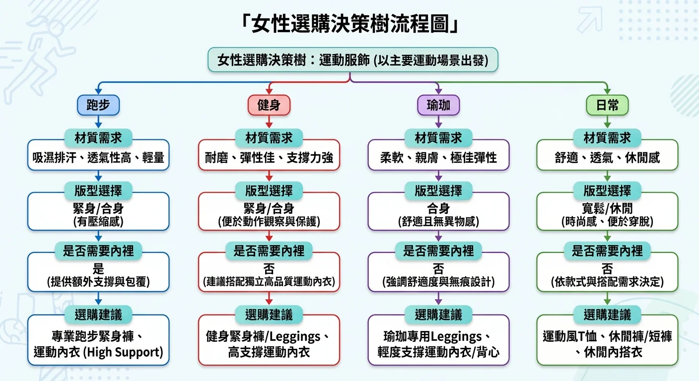 女性選購決策樹流程圖，從「主要運動場景」出發，分四個分支（跑步、健身、瑜珈、日常），每個分支連接到「材質需求」再到「版型選擇」再到「是否需要內裡」，最後收斂到選購建議，使用清楚的箭頭和圓角方框