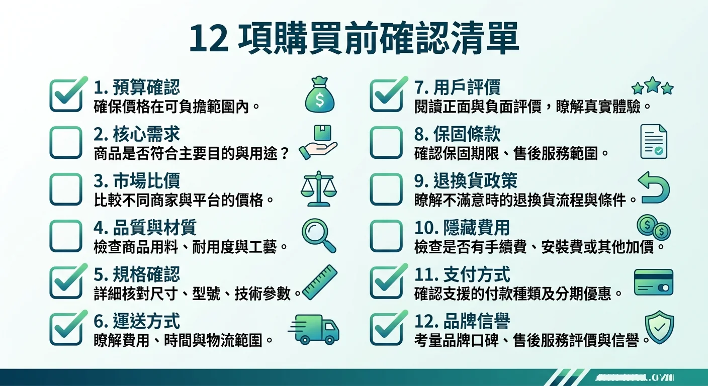 12 項購買前確認清單視覺化，使用 checkbox 樣式（勾選方格+文字說明），分兩欄排列，共 12 項，背景為淡色，清楚易讀，每個 checkbox 旁邊有短說明
