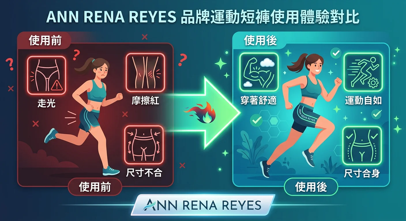 ANN RENA REYES 品牌運動短褲使用前後體驗對比說明圖，左側「使用前」顯示常見困擾圖示（走光、摩擦紅、尺寸不合），右側「使用後」顯示正面結果圖示（穿著舒適、運動自如、尺寸合身），中間箭頭，底部品牌名稱，設計感較強的說明圖
