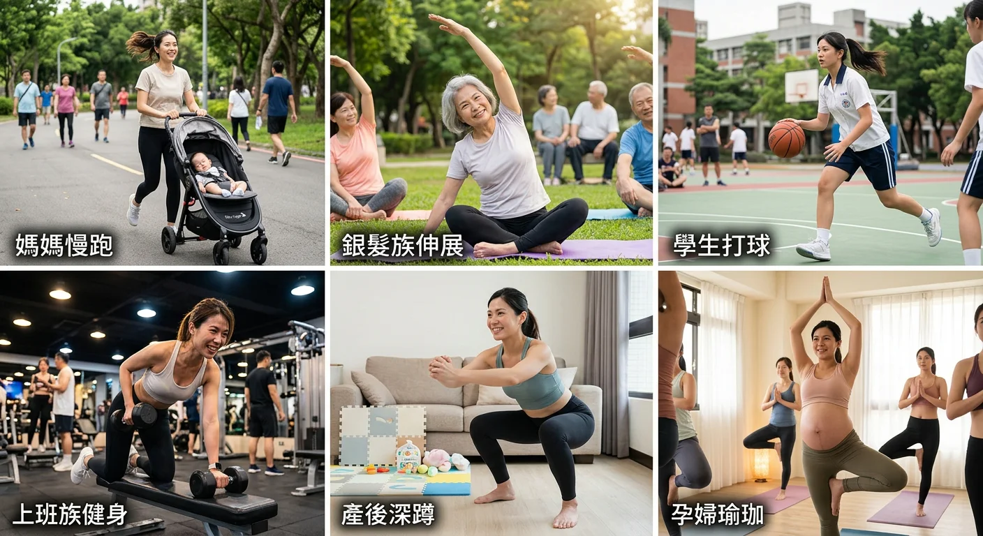 六種族群女性各自在不同場景運動的拼圖式視覺——媽媽推嬰兒車慢跑、銀髮族做伸展、學生打球、上班族下班健身、孕婦做瑜珈、產後媽媽做深蹲，六格並排呈現生活感