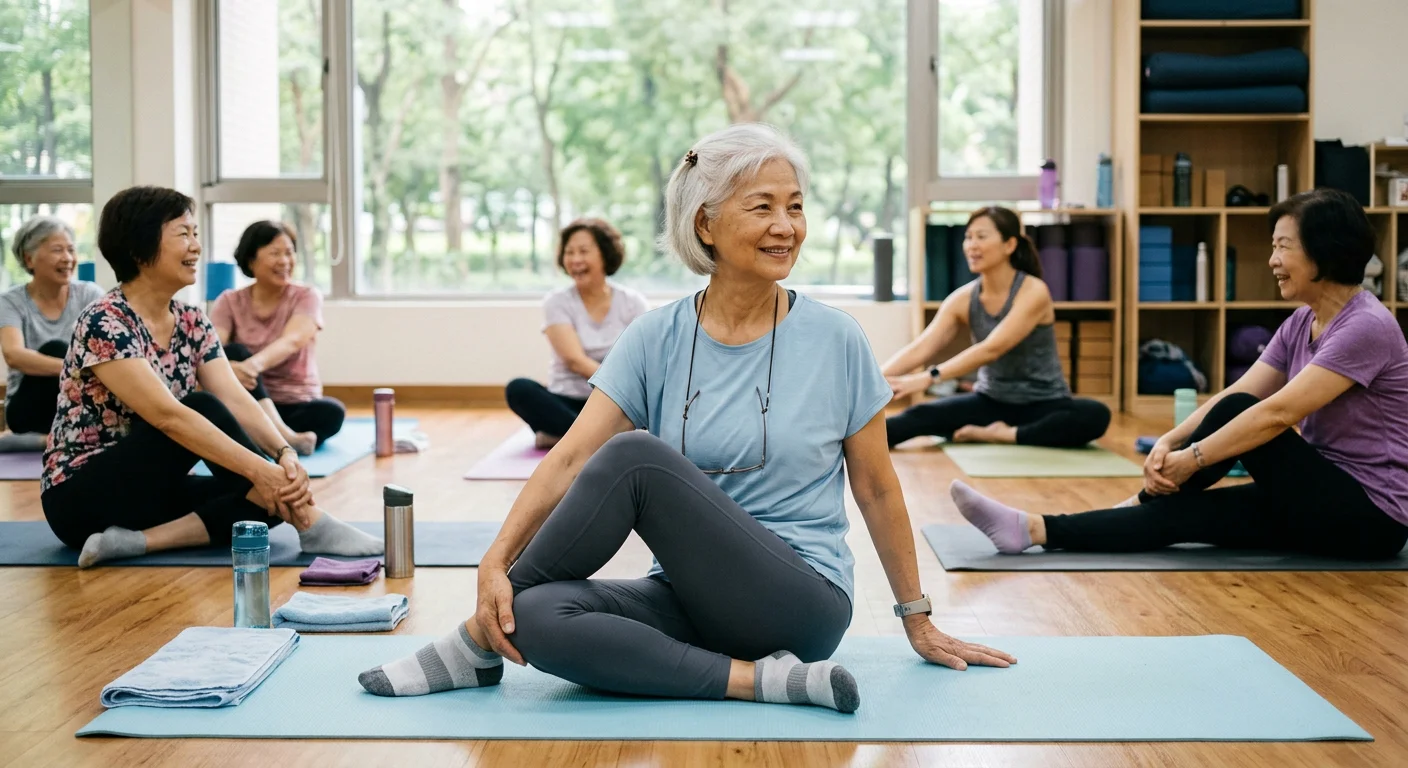 銀髮族女性在健身房伸展操或瑜珈課的生活場景，穿著廣腰彈性壓力褲與輕薄機能上衣，畫面溫暖親切，非廣告感