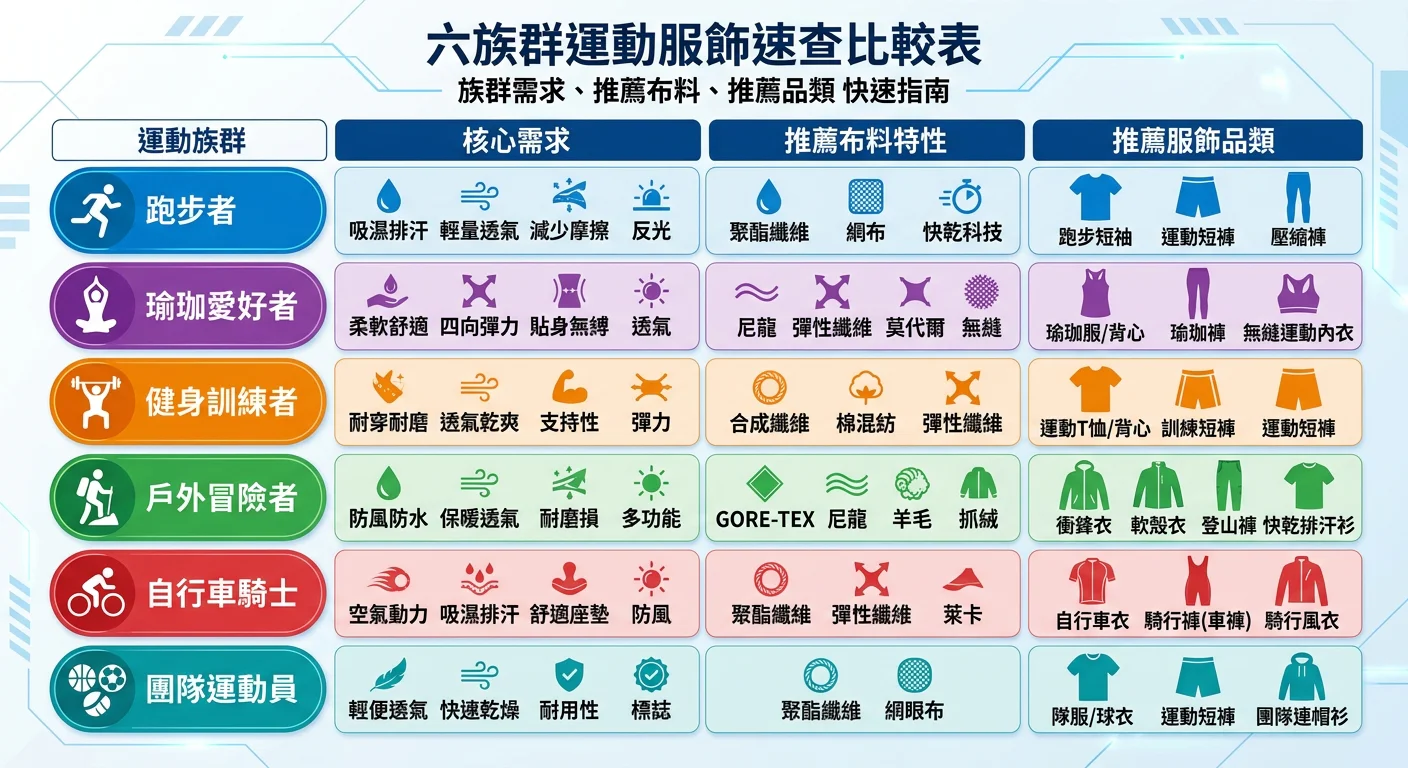 六族群運動服飾速查比較表視覺化，以圖表方式呈現各族群需求、推薦布料、推薦品類，設計乾淨清晰