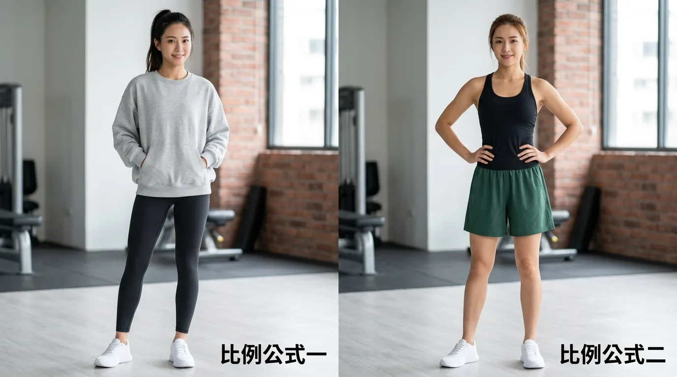 兩組穿搭對比圖,左側:寬鬆上衣搭合身壓力褲(上寬下窄比例),右側:緊身上衣搭寬鬆運動短褲(上窄下寬比例),兩種穿搭都搭配白色球鞋,底部有文字標示「比例公式一」和「比例公式二」