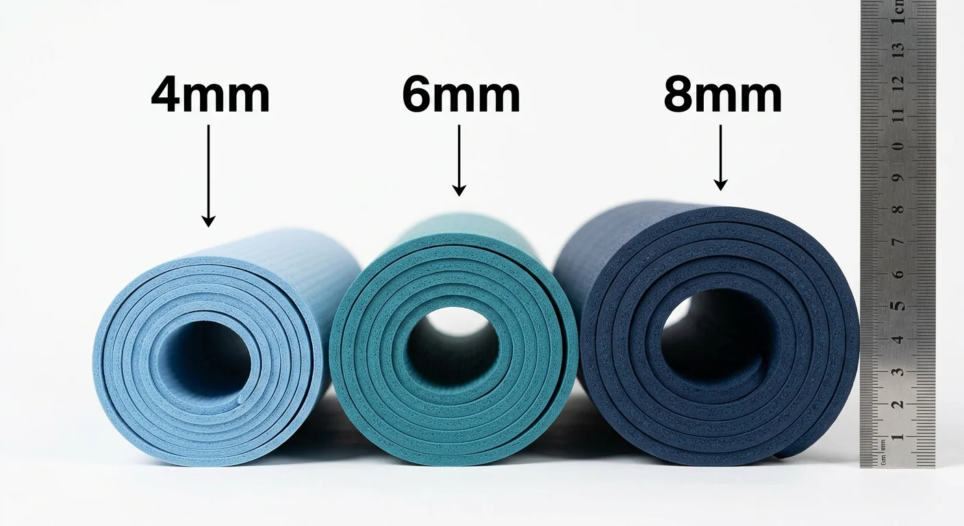 三款厚度瑜珈墊側面並排比較圖——左至右依序 4mm、6mm、8mm，每款旁邊標注厚度數字，尺規顯示實際差異，白底乾淨