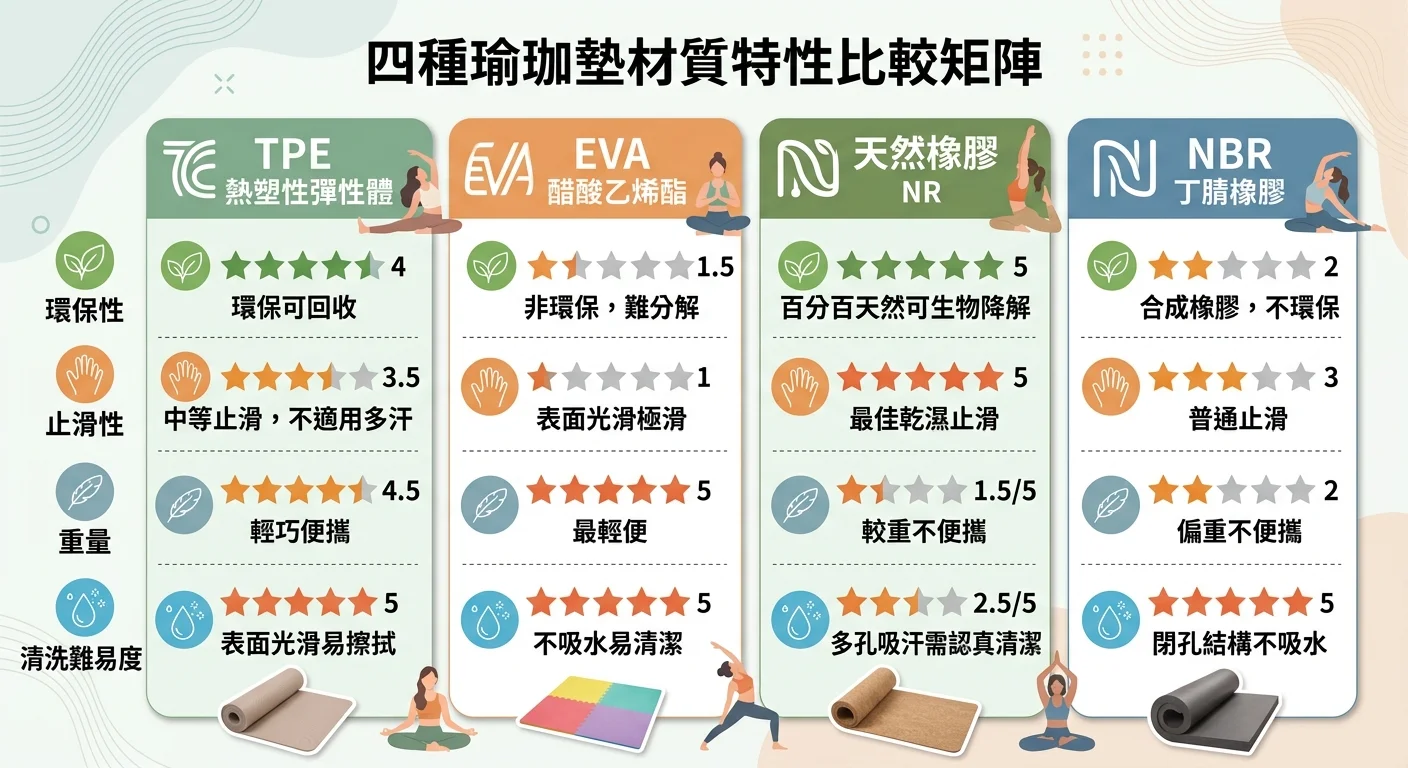 四種瑜珈墊材質特性比較矩陣視覺化——TPE、EVA、NR、NBR 四欄,每欄以小圖示標示環保性、止滑、重量、清洗難易度,直覺一眼看懂