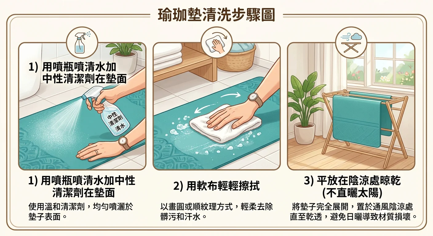 瑜珈墊清洗步驟圖,三格分鏡:1) 用噴瓶噴清水加中性清潔劑在墊面;2) 用軟布輕輕擦拭;3) 平放在陰涼處晾乾(不直曬太陽)。每格有文字說明