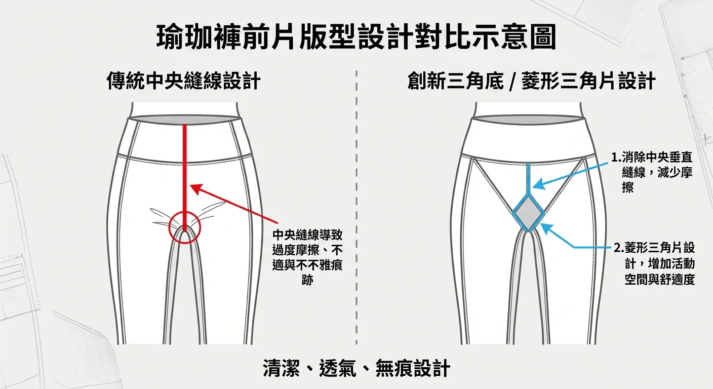 瑜珈褲前片版型對比示意圖，左側傳統中央縫線設計（標示問題位置），右側三角底/菱形gusset設計（標示改善原理），清楚的線條圖示