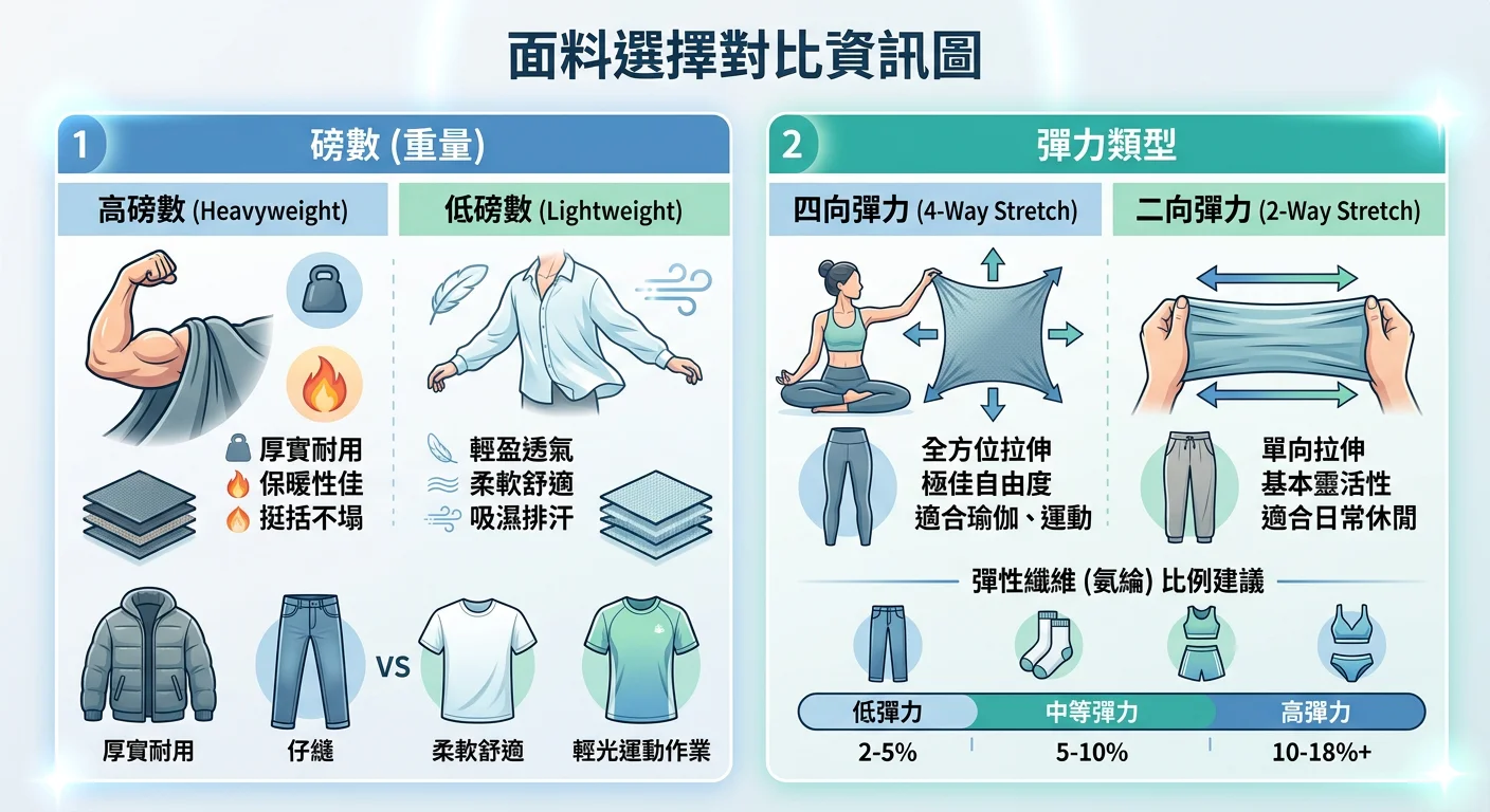面料選擇對比資訊圖，顯示高磅數vs低磅數、四向彈力vs二向彈力的差異，加上彈性纖維比例建議數值，設計清晰簡潔