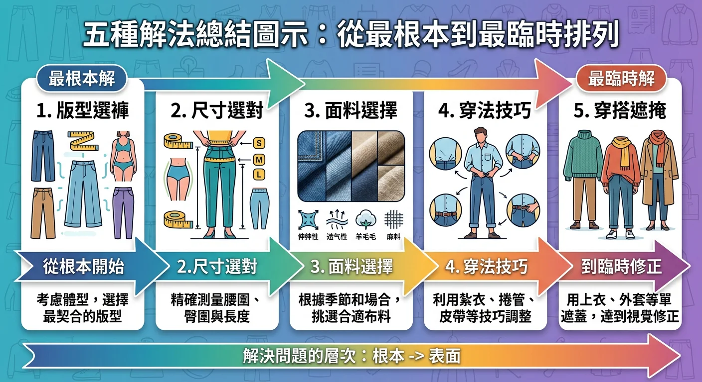 五種解法總結圖示，從最根本到最臨時排列：版型選褲、尺寸選對、面料選擇、穿法技巧、穿搭遮掩，箭頭顯示從根本解到臨時解的漸進