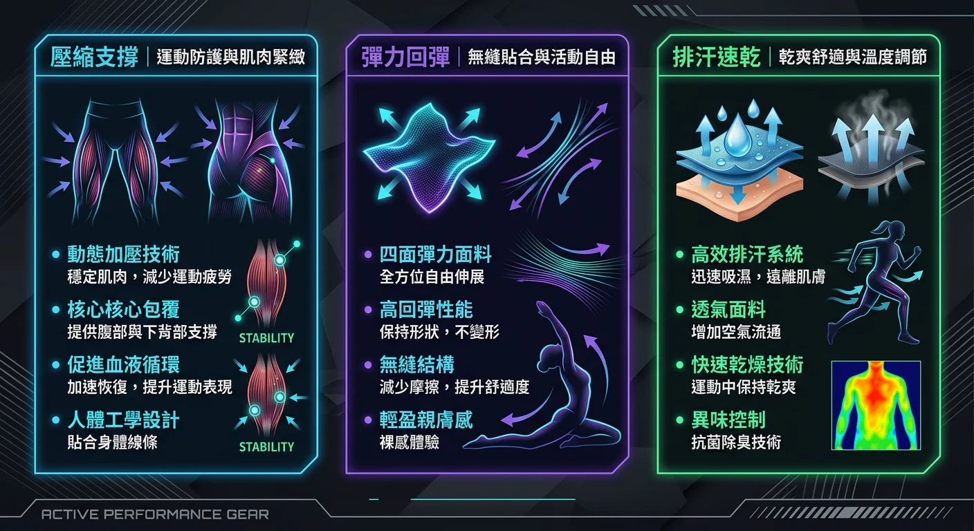 瑜珈褲機能對比資訊圖，分為三個區塊顯示壓縮支撐、彈力回彈、排汗速乾三大技術，配色使用深色系運動風格