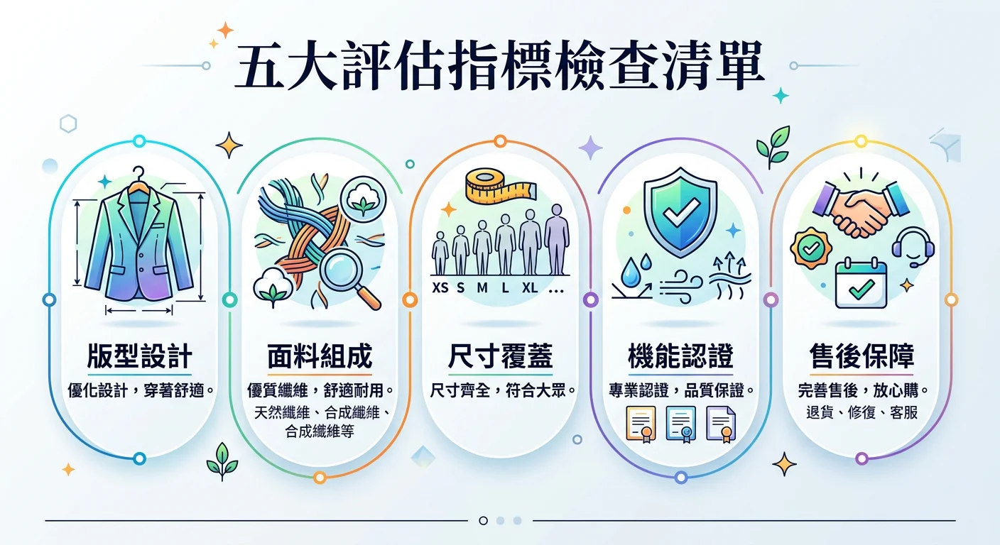 五大評估指標檢查清單圖示，每個指標有小圖示和說明文字，列出版型設計、面料組成、尺寸覆蓋、機能認證、售後保障五項，清晰整潔設計