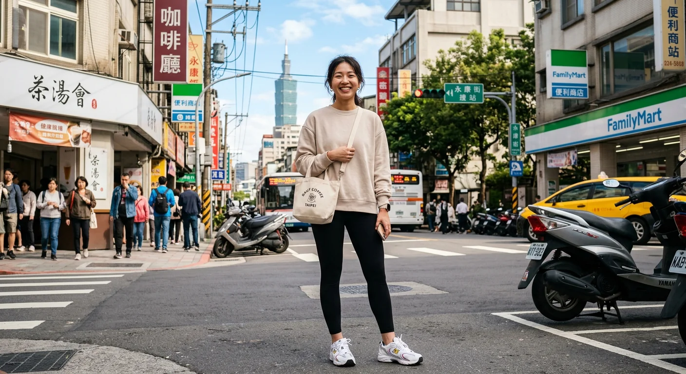 亞洲女性站在台灣城市街頭，穿著黑色高腰瑜珈褲搭配淺色寬鬆上衣和白色球鞋，背著小托特包，背景為台灣都市街景，陽光充足，展現 athleisure 日常街搭風格