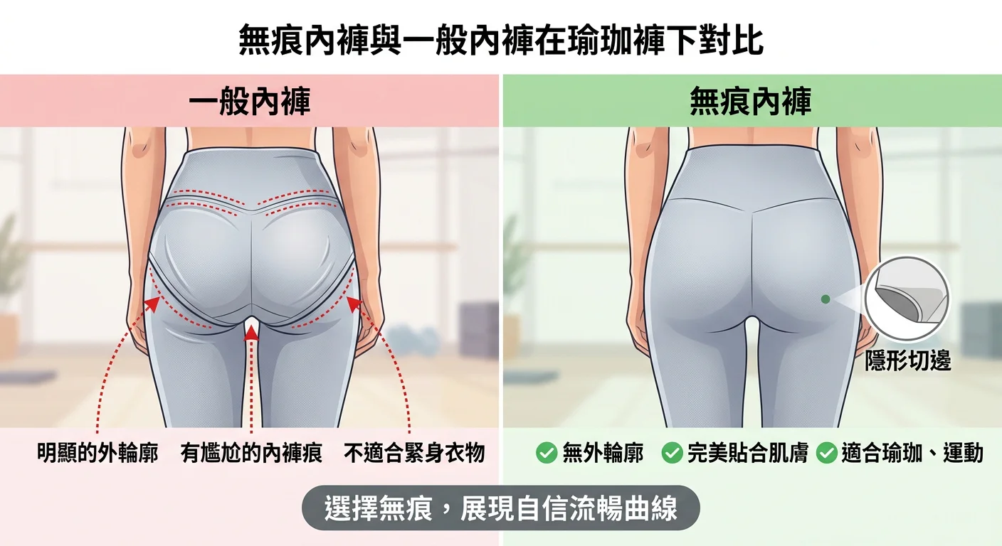 無痕內褲和一般內褲的比較展示圖，側邊輪廓對比，清楚顯示無痕款在瑜珈褲下不留外輪廓，配有文字標示說明