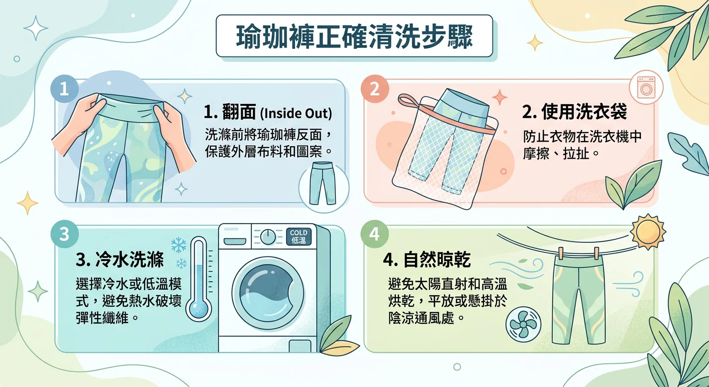 瑜珈褲正確清洗步驟資訊圖，包含翻面、洗衣袋、冷水設定、自然晾乾四個步驟，以圖示和短文字說明，配色柔和