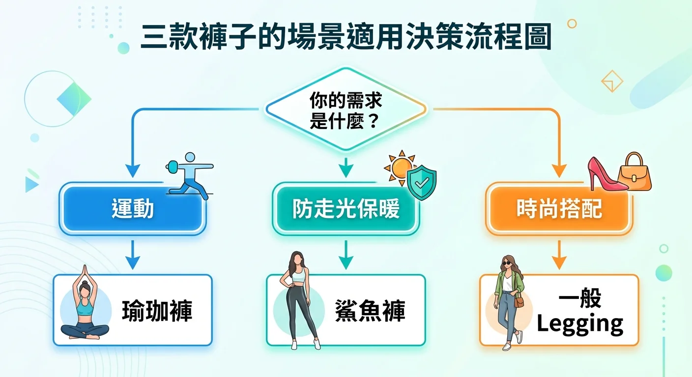 三款褲子的場景適用決策流程圖，起點是「你的需求是什麼」，分支到「運動」→ 瑜珈褲、「防走光保暖」→ 鯊魚褲、「時尚搭配」→ 一般 Legging，簡潔流程圖設計