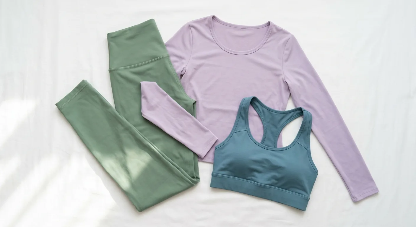 一套完整的瑜珈服飾組合平鋪展示：高腰瑜珈褲、輕薄瑜珈上衣、運動內衣，配色協調，背景白色乾淨，呈現整套穿搭的概念