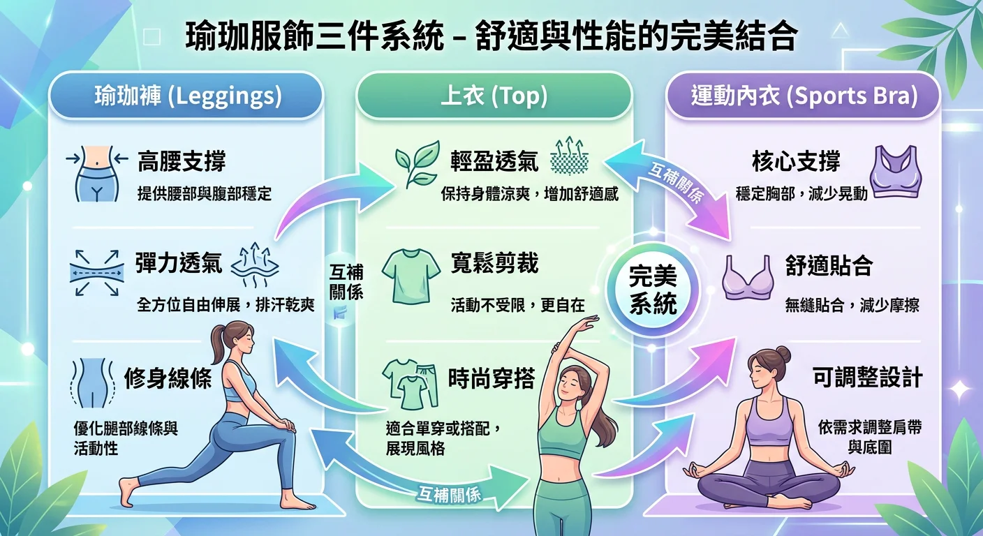 瑜珈服飾三件系統圖示，分三欄顯示瑜珈褲、上衣、運動內衣各自功能，箭頭顯示三件互補關係